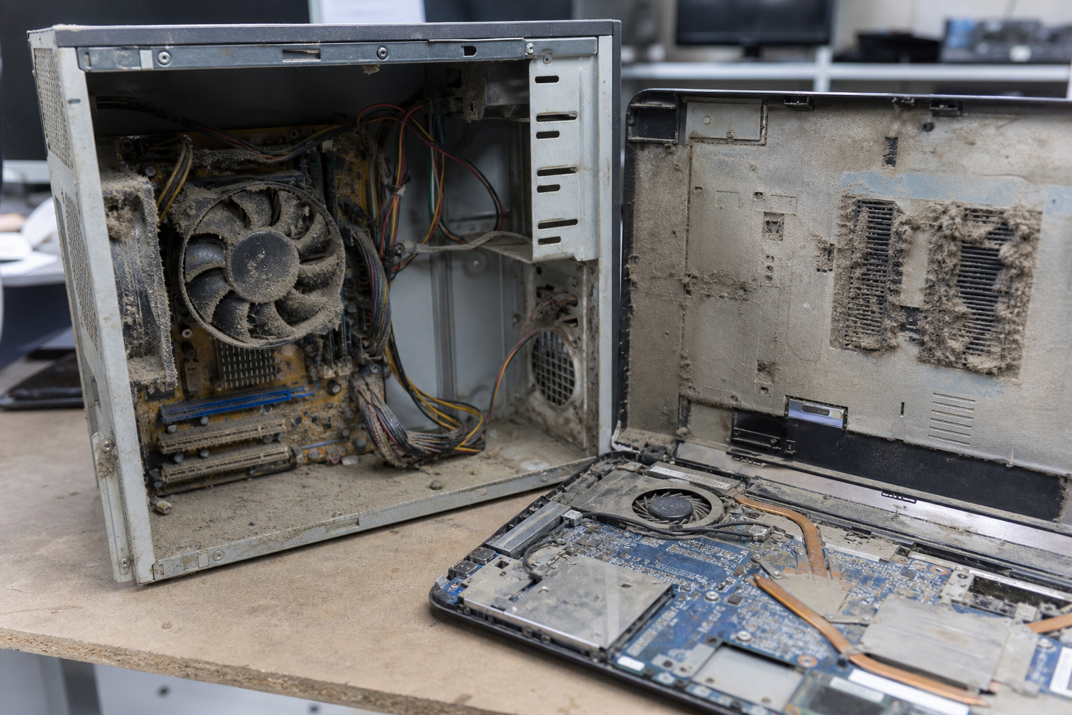 Computer en laptop vol stof in de werkplaats