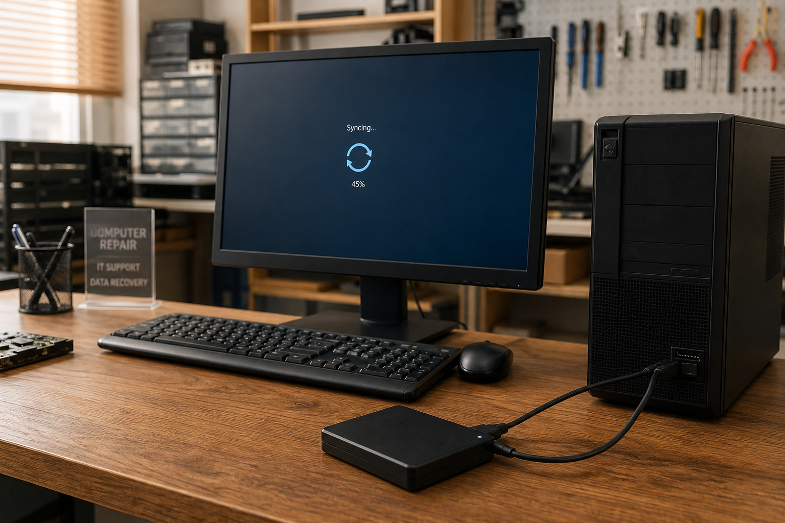 Externe harde schijf aangesloten op computer voor back-up